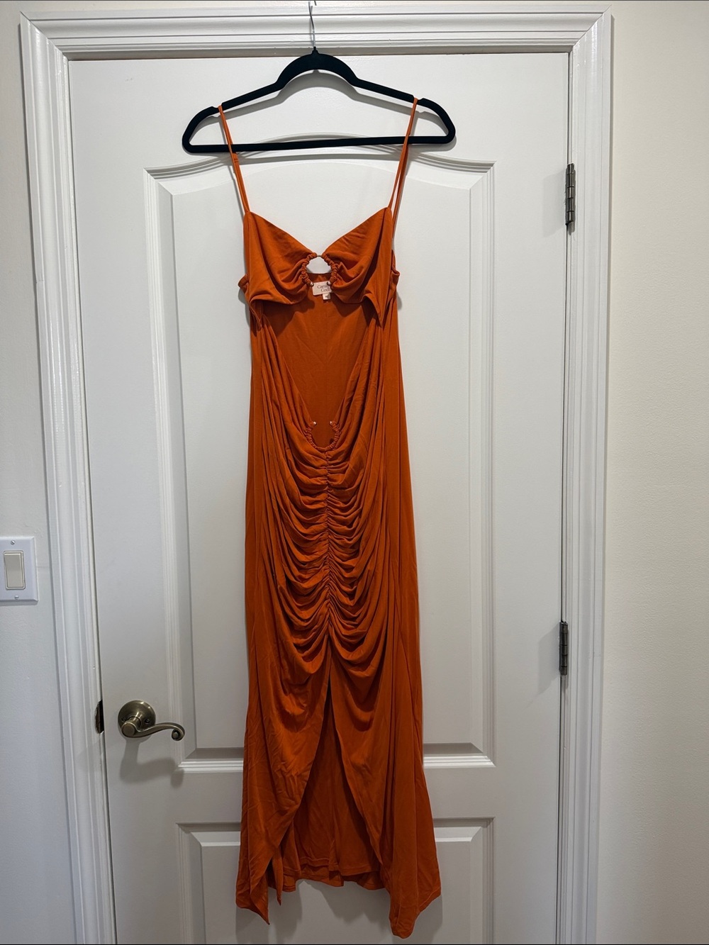 Orange Ruched Spaghetti-Strap Maxi Dress